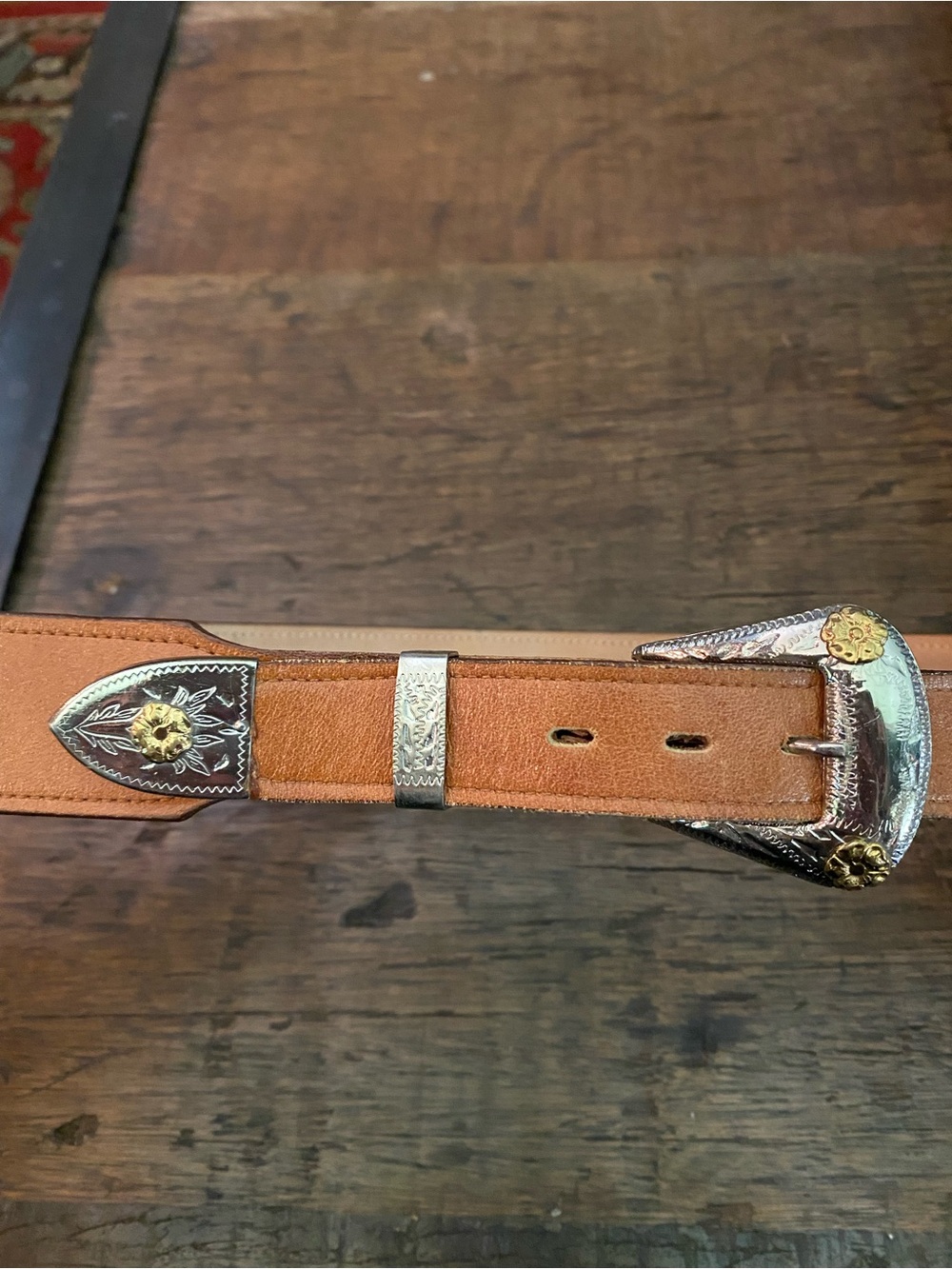 Vintage Brown Leather Western Belt with Silver & Gold Buckle